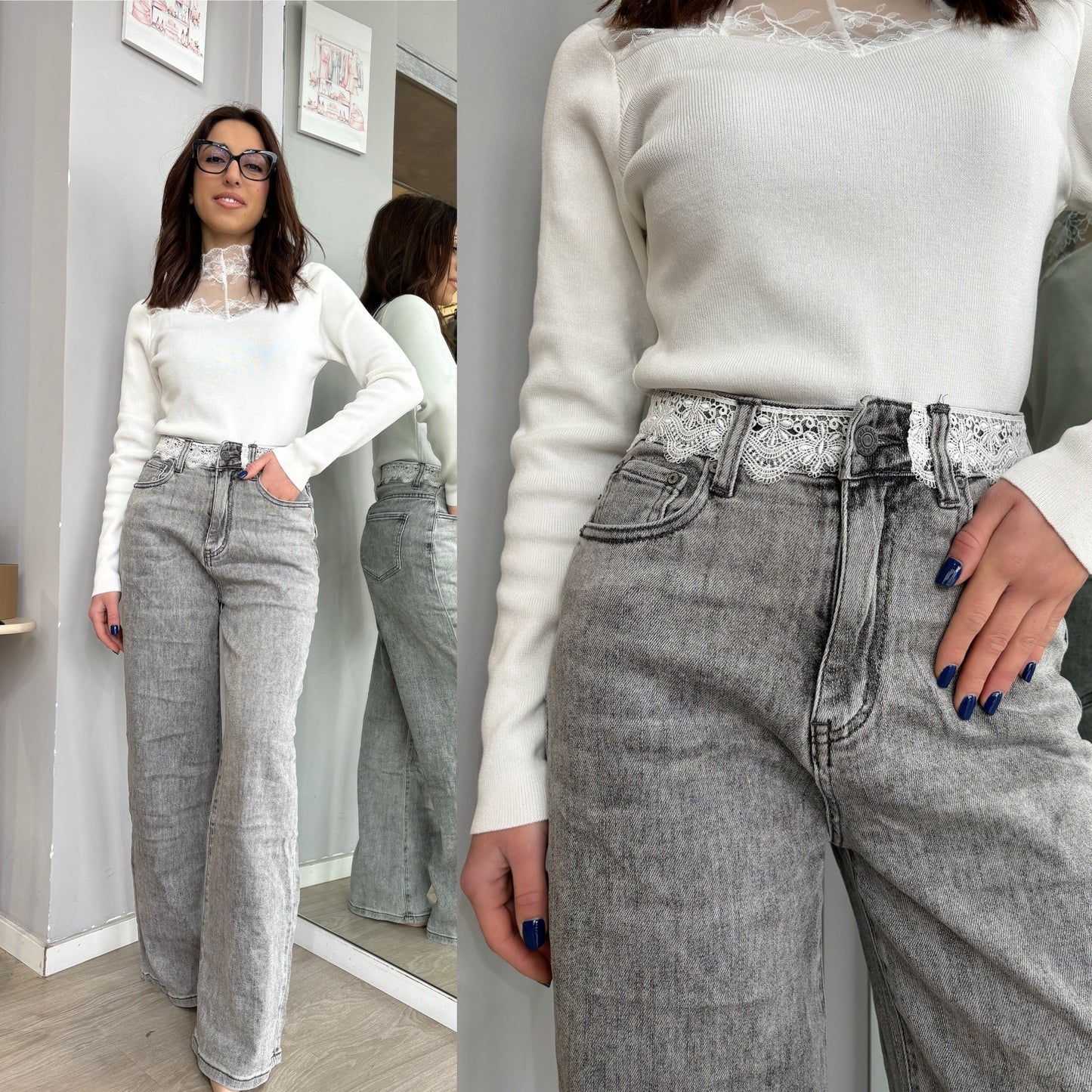 Jeans gamba larga con ricamo