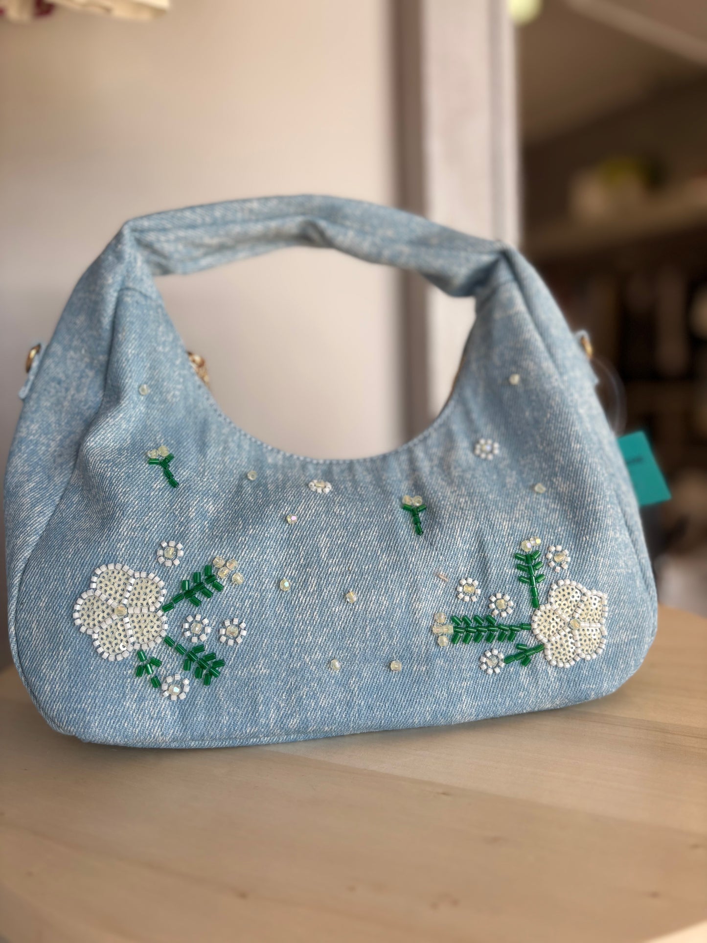 Borsa jeans con perline