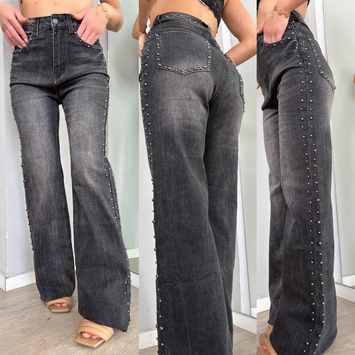 Jeans wide leg  con borchie